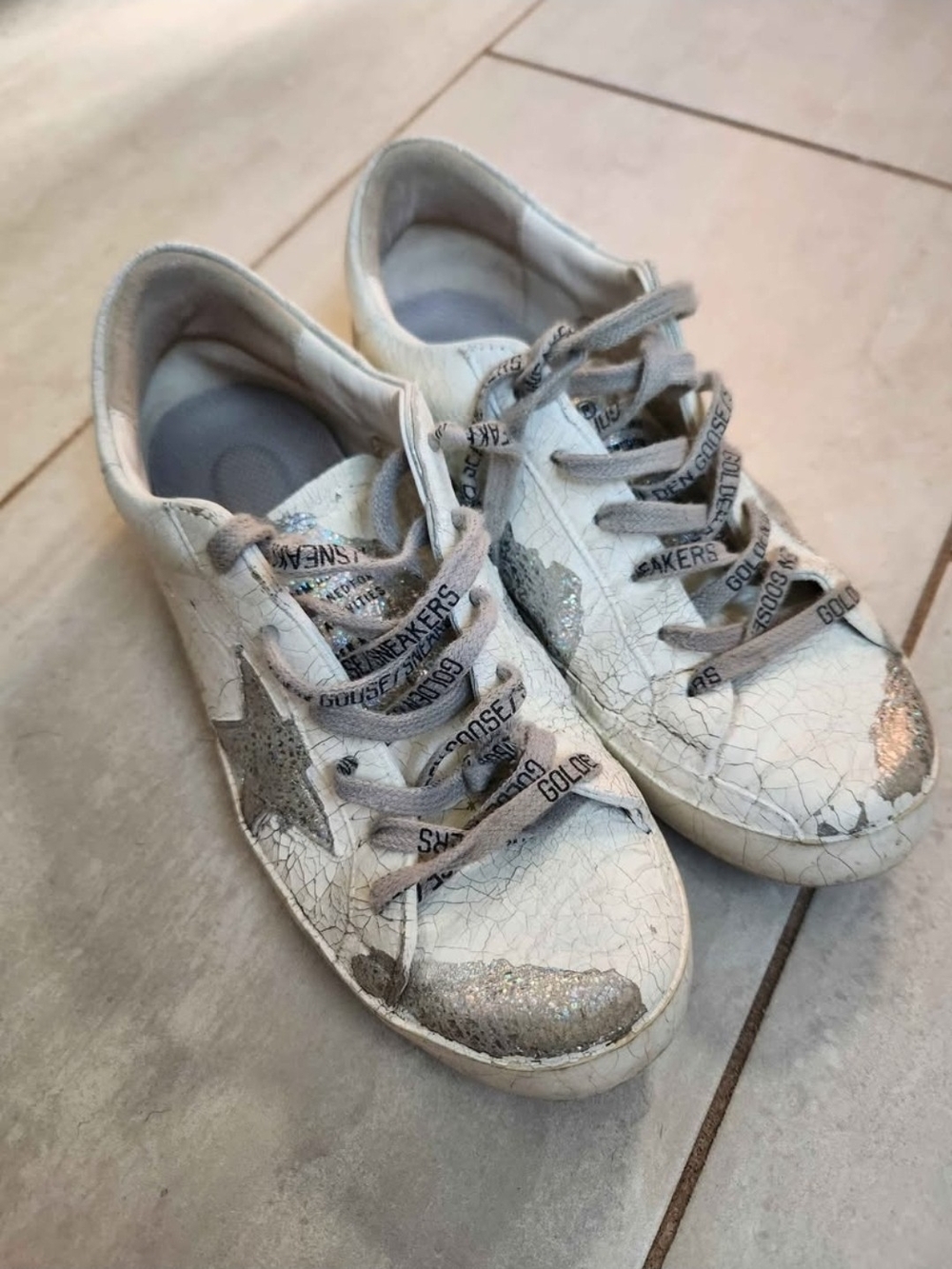 Golden Goose Superstar Distressed White Sneakers with Silver Glitter Star Sz 7